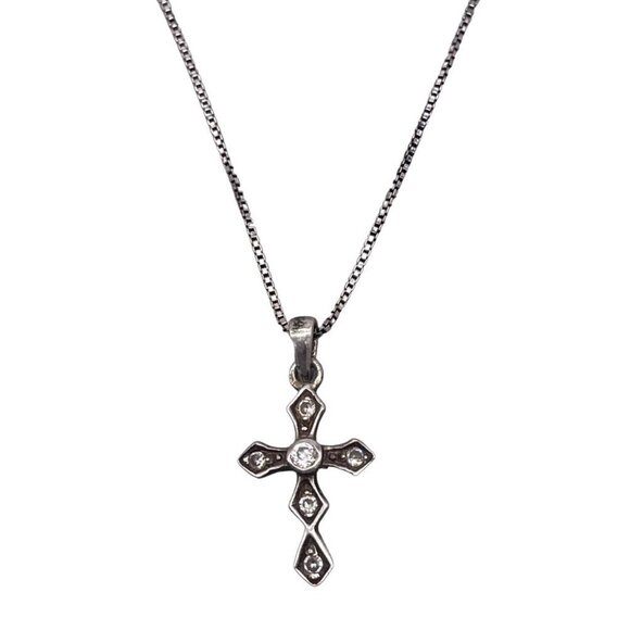 925 Sterling Silver Rhinestone Cross Pendant Box Chain Necklace 18.5 In Italy - Picture 2 of 8